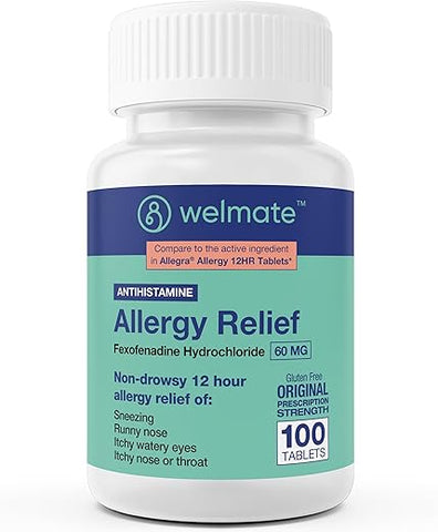 Alívio de Alergia | Fexofenadina HCl 60 mg Antialérgico Não Sonolento | 100 Comprimidos | Suporte de 12 Horas ao Longo do Dia - WELMATE
