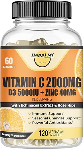 Happi Mi Nutrition - Vitamina C 2000MG, Zinco 40 mg, Vitamina D3 5000 UI, Extrato de Equinácea, Rosa Mosqueta, Suporte Imunológico para Adultos