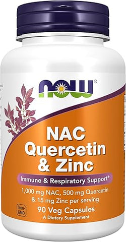 Suplementos, NAC Quercetina e Zinco, Suporte Imunológico e Respiratório*, 1.000 mg NAC, 500 mg Quercetina, 15 mg Zinco, 90 Cápsulas Vegetais - NOW Foods