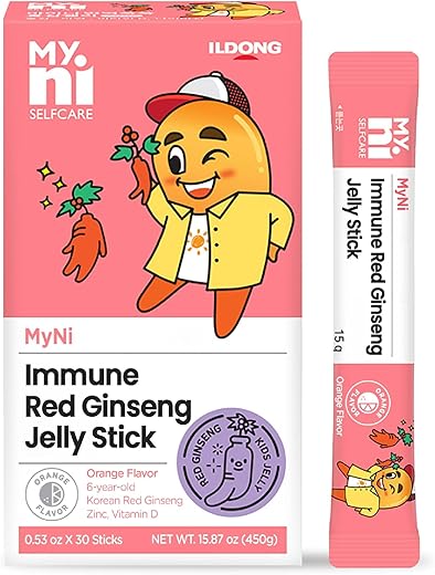 myni - Myni Geléia de Ginseng Panax Coreano (Sabor Laranja, 30 Unidades, 15 Dias) – Suplemento de Extrato de Ginseng Vermelho para Crianças. Estimula a Imunidade, Melhora a Memória