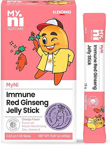 myni - Myni Geléia de Ginseng Panax Coreano (Sabor Laranja, 30 Unidades, 15 Dias) – Suplemento de Extrato de Ginseng Vermelho para Crianças. Estimula a Imunidade, Melhora a Memória