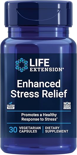 Enhanced Stress Relief: Suplemento para o estresse com extrato de melissa, L-teanina, sem glúten, não transgênico, vegetariano, 30 cápsulas - Life Extension