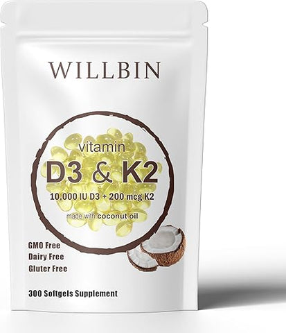 Willbin - Suplemento Softgel Vitamina D3 K2 2 em 1, 10000 UI Vit D3 200 MCG Vitamina K2, Livre de GMO, Glúten, Soja, Saúde Óssea, Suporte à Saúde Cardiovascular, Auxilia na Absorção de Cálcio