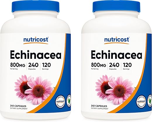 Echinacea 800 mg – 240 Cápsulas, 2 Frascos – Cápsulas Vegetarianas, Não Transgênicas, Livres de Glúten – 120 Porções - Nutricost