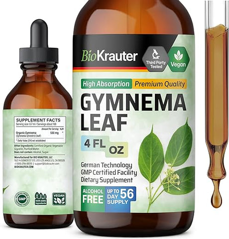 BIO KRAUTER - Extrato de Gymnema Sylvestre em Gotas – Tintura de Gymnema – Livre de Álcool e Açúcar – Vegano – Extrato de Folha de Gymnema 118 ml
