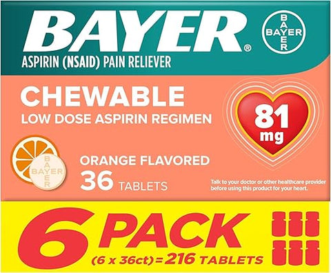 Aspirina 81 mg Mastigável, Alívio da Dor, Sabor Laranja, 216 Comprimidos (6 Pacotes) - Bayer