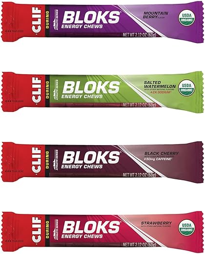 Clif Shot Bloks - CLIF BLOKS – Pack com 4 sabores – Energia para Ciclismo e Corrida – Lanche para Treino – Alimento à base de Plantas – Carboidratos Rápidos (2.1g, 12 unidades)