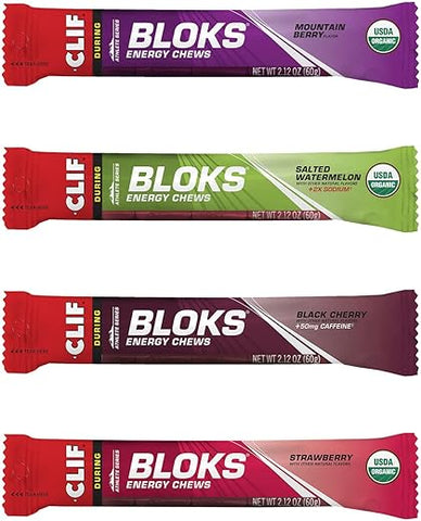 Clif Shot Bloks - CLIF BLOKS – Pack com 4 sabores – Energia para Ciclismo e Corrida – Lanche para Treino – Alimento à base de Plantas – Carboidratos Rápidos (2.1g, 12 unidades)