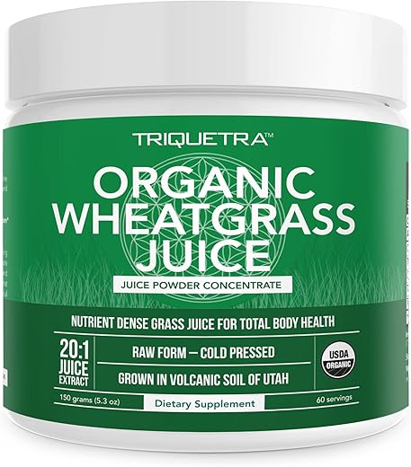 Triquetra Health - Suco de Grama de Trigo Orgânico em Pó – Orgânico, Cultivado em Solo Vulcânico de Utah – Forma Bioativa Crua, Secado a Frio com CO2, Extrato de Suco Concentrado 20:1 – Sem Sabor (150g)