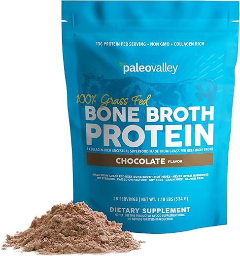 Proteína em Pó de Caldo de Osso 100%% Alimentado com Grama – Chocolate – Rico em Colágeno para Cabelo, Pele, Saúde Intestinal, Suporte Ósseo e Articular – 28 Porções - Paleovalley