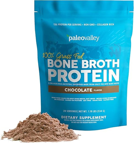 Proteína em Pó de Caldo de Osso 100%% Alimentado com Grama – Chocolate – Rico em Colágeno para Cabelo, Pele, Saúde Intestinal, Suporte Ósseo e Articular – 28 Porções - Paleovalley