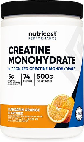 Creatine Monohydrate Powder (Mandarina, 500g) – Suplemento de Creatina Micronizada – Vegano, Não-OGM, Sem Glúten - Nutricost