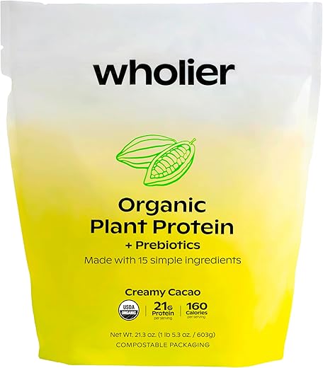 wholier - Proteína Vegetal Orgânica Wholier com Prebióticos. 21g de Proteína Vegana. 5g de Fibra. Casca de Psyllium e Banana Verde para Digestão. Sem Sabores Naturais, Gomas ou Preenchedores. Cacau Cremoso