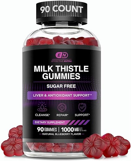 EFFECTIVE NUTRA - Milk Thistle Gummies – Extrato de Cardo Mariano 1000mg, Desintoxicação do Fígado e Suporte Antioxidante (90ct)