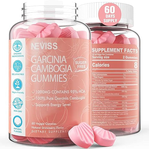 NEVISS - Gummies Garcinia Cambogia Sem Açúcar 1000mg 95%% HCA com L-Carnitina, Cetona de Framboesa, Cromo, Café Verde para Metabolismo, Energia, Extrato Orgânico 100%%, Vegano