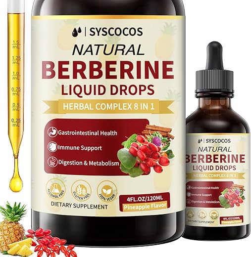 SYSCOCOS - Berberine Líquido 8 em 1 – 118 ml Suplemento Orgânico Berberine HCL Complexo com Cúrcuma, Melão Amargo, Cardo de Leite, Canela do Ceilão para Imunidade, 98%