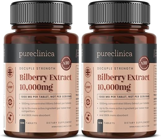 pureclinica - Bilberry Extract 10.000mg x 360 Comprimidos (2 Frascos) – 10X Mais Antocianidinas por Comprimido do que a Maioria dos Outros – e Extrato de Pimenta Preta 5mg para Absorção Aumentada em 300%%