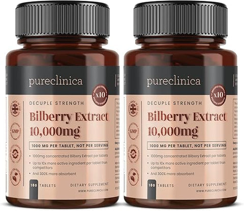 pureclinica - Bilberry Extract 10.000mg x 360 Comprimidos (2 Frascos) – 10X Mais Antocianidinas por Comprimido do que a Maioria dos Outros – e Extrato de Pimenta Preta 5mg para Absorção Aumentada em 300%%