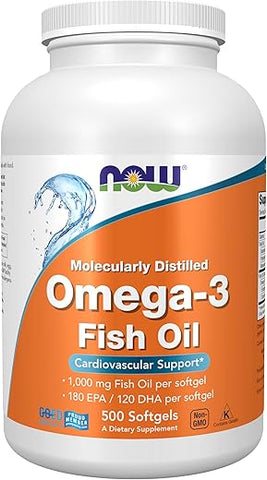 Suplementos, Ômega-3 180 EPA / 120 DHA, Destilado Molecularmente, Suporte Cardiovascular, 500 Softgels - NOW Foods