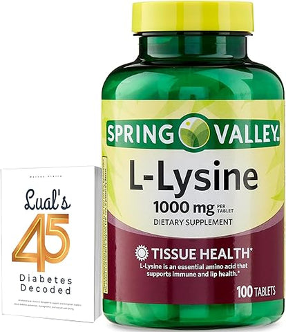 LUAL - Spring Valley L-Lysine 1000mg | L-Lisina | Suplemento de L-Lisina | Suporte Imunológico | 100 Comprimidos + Livro 45 Diabetes Decoded de Lual