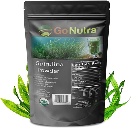 Spirulina em Pó Orgânica | Superfoods Puros Não-OGM para Antioxidantes, Minerais, Ácidos Graxos, Fibra | 100g - Go Nutra