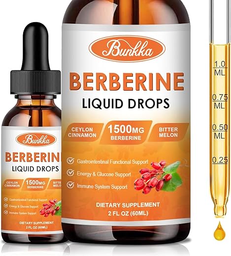 Bunkka - (2 Pacotes) Suplemento de Berberina, 1500mg Gotas Líquidas Orgânicas de Berberina com Canela do Ceilão, Melão Amargo, Sem Açúcar