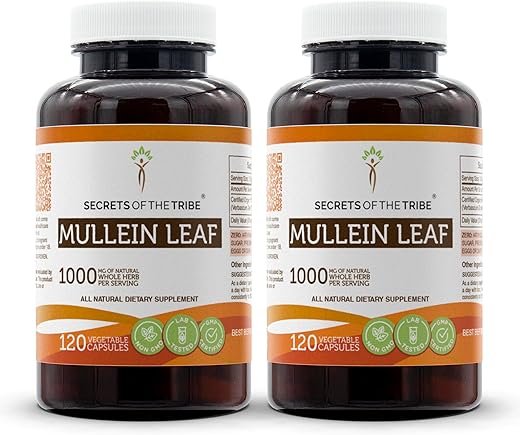 Secrets of the Tribe - Segredos da Tribo Cápsulas de Folha de Mullein 1000 mg Mullein (Verbascum Densiflorum) Folha Seca, Suporte Pulmonar (2×120 Cápsulas) – Tribo dos Segredos