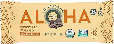ALOHA - Aloha Barras de Proteína de Chocolate Espresso Orgânico, 14g de Proteína à Base de Plantas, 85mg de Cafeína, Certificado Orgânico pelo USDA, Livre de Glúten