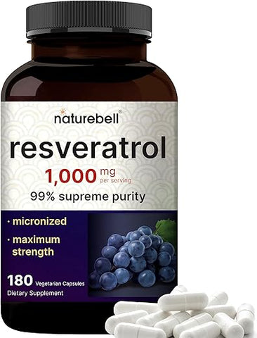 Resveratrol 1000mg – 180 Cápsulas Vegetais, 99%% Puro Trans-Resveratrol, Antioxidante para Envelhecimento Saudável, Cérebro - NatureBell