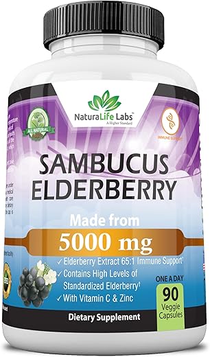 NaturaLife Labs A Higher Standard - NaturaLife Labs Sambucus Elderberry 5.000 mg Super Concentrado 65:1 com Vitamina C – Potente Antioxidante Natural