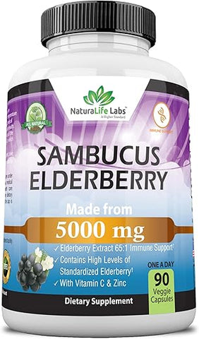 NaturaLife Labs A Higher Standard - NaturaLife Labs Sambucus Elderberry 5.000 mg Super Concentrado 65:1 com Vitamina C – Potente Antioxidante Natural