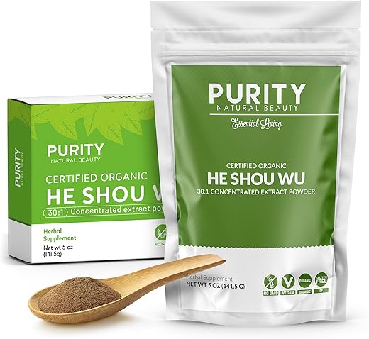 Purity Natural Beauty - He Shou Wu Orgânico Certificado – Grande Embalagem de 5oz (150g) de Extrato Concentrado 30:1 de Fo-ti Orgânico – Extrato de Foti Orgânico – Fo ti He Shou Wu Orgânico-Plus Colher de Bambu Grátis