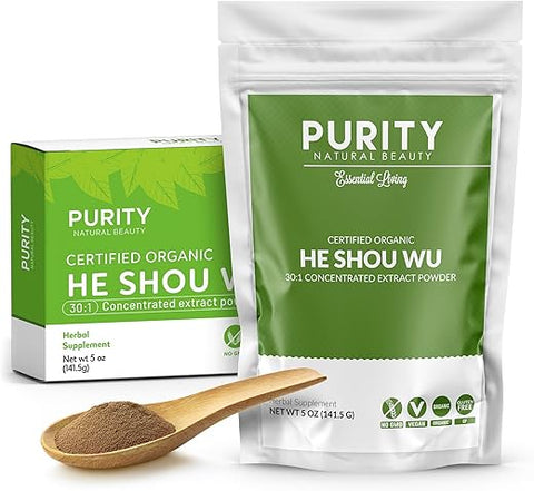 Purity Natural Beauty - He Shou Wu Orgânico Certificado – Grande Embalagem de 5oz (150g) de Extrato Concentrado 30:1 de Fo-ti Orgânico – Extrato de Foti Orgânico – Fo ti He Shou Wu Orgânico-Plus Colher de Bambu Grátis