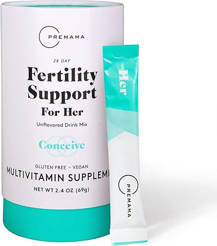 Fertility Support for Her – Pó para Apoio à Fertilidade, Função Ovulatória Normal e Qualidade dos Óvulos – Sem Glúten, Vegano, Sem Sabor – 28 Sachês Individuais - Premama