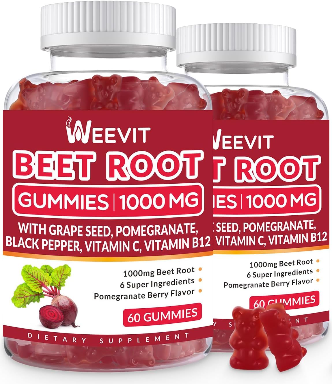 WEEVIT - Gummies de Beterraba 1000mg, Suplemento de Óxido Nítrico para Homens e Mulheres | Gummy de Beterraba Orgânica com Semente de Uva, Romã, Pimenta Preta, Vitamina C, B12 (2-Pack)