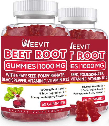 WEEVIT - Gummies de Beterraba 1000mg, Suplemento de Óxido Nítrico para Homens e Mulheres | Gummy de Beterraba Orgânica com Semente de Uva, Romã, Pimenta Preta, Vitamina C, B12 (2-Pack)