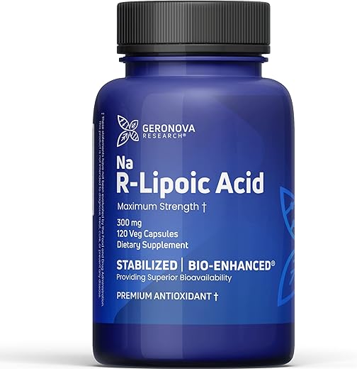 Geronova Research - Bio-Enhanced R-Lipoic Acid 300 mg – Cápsulas de 4 Meses – Ácido R-Alpha Lipoico Estabilizado com Absorção Aprimorada – Suplemento de Ácido R Lipoico – 120 Unidades