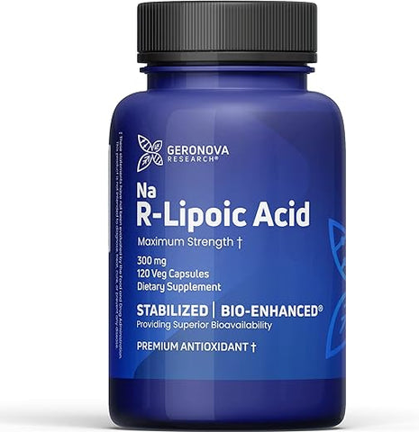 Geronova Research - Bio-Enhanced R-Lipoic Acid 300 mg – Cápsulas de 4 Meses – Ácido R-Alpha Lipoico Estabilizado com Absorção Aprimorada – Suplemento de Ácido R Lipoico – 120 Unidades