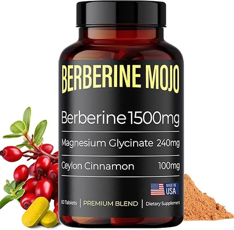 Berberine Mojo - Suplemento de Berberina 1500mg com Glicinato de Magnésio 240mg e Canela do Ceilão 100mg para Saúde Intestinal