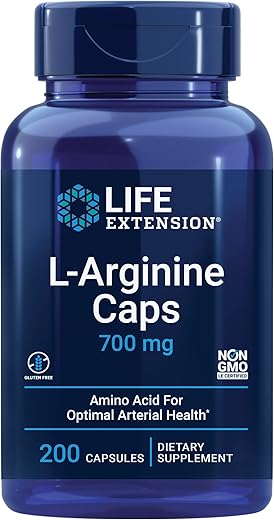 Suplemento de L-Arginina Life Extension Caps – Vitamina C para Apoio ao Sistema Imunológico e Saúde Cardiovascular – 700 mg – Sem Glúten, Não-OGM – para Homens e Mulheres
