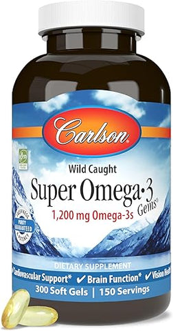 Ômega-3 Super Gems, 1200 mg Ácidos Graxos Ômega-3 com EPA e DHA, Óleo de Peixe Norueguês Selvagem, Cápsulas Sustentáveis 300 Softgels - Carlson