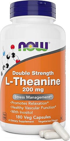 NOW - Now Foods L-Theanine 200mg – 180 Cápsulas Vegetarianas – Reforçado com 100mg de Inositol – Suplemento Lteanina 200mg – Alta Potência – Não-OGM
