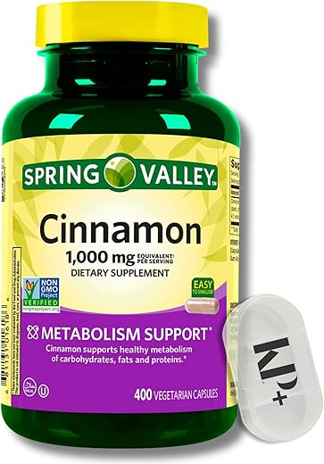KP+ - Spring Valley Cápsulas Vegetarianas de Canela, 1000 mg, 400 Unidades, Kit de Suplementos de Canela com Estojo de Comprimidos
