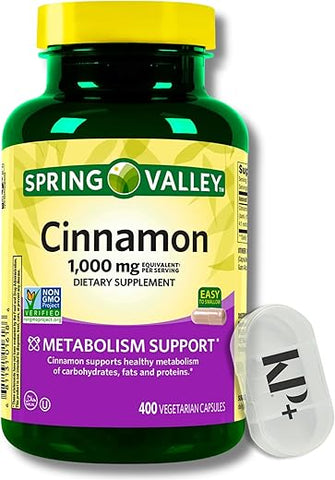 KP+ - Spring Valley Cápsulas Vegetarianas de Canela, 1000 mg, 400 Unidades, Kit de Suplementos de Canela com Estojo de Comprimidos