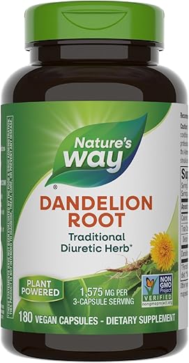 Nature's Way - Nature’s Way Dandelion Root – Diurético Tradicional, Vegano, 180 Cápsulas (Embalagem Pode Variar)