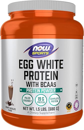 Sports Nutrition – Proteína de Clara de Ovo, 20g com BCAAs, Pó de Chocolate Cremoso, 1,5 Libras - NOW Foods