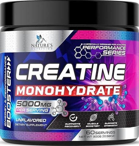 Nature's Nutrition - Pó de Creatina Monohidratada Micronizada – Pó de Creatina sem Sabor 5000mg por Porção (5g) Suplemento de Aminoácidos para Apoio à Construção Muscular