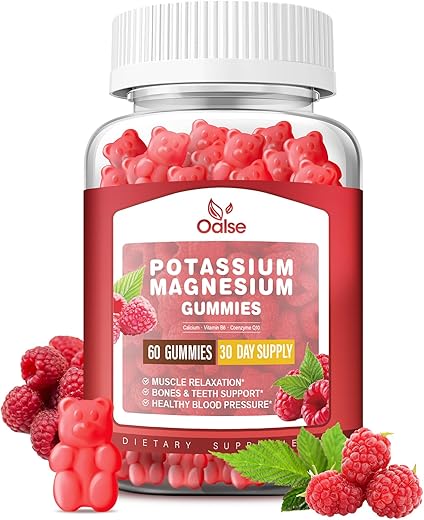 OALSE - Gomas de Potássio e Magnésio para Adultos e Crianças, Alta Absorção de Gluconato de Potássio 99mg Citrato de Magnésio 400mg, Suplementos Mastigáveis para Cãibras Musculares
