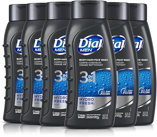 Men 3 em 1 Gel de Banho, Cabelo e Rosto, Hidro Fresh, 473 ml, Pack com 6 unidades - Dial