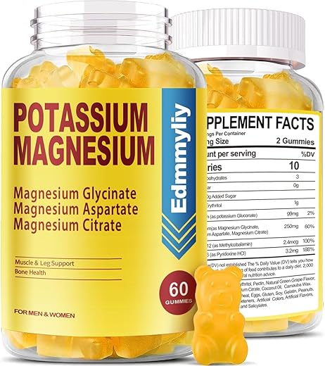 Edmmyliy - Suplemento de Gomas de Potássio e Magnésio para Adultos Alta Absorção Gluconato de Potássio 99mg Citrato de Magnésio 250mg com Vitamina B6 B12 Suporta Humor, Energia, Relaxamento Muscular